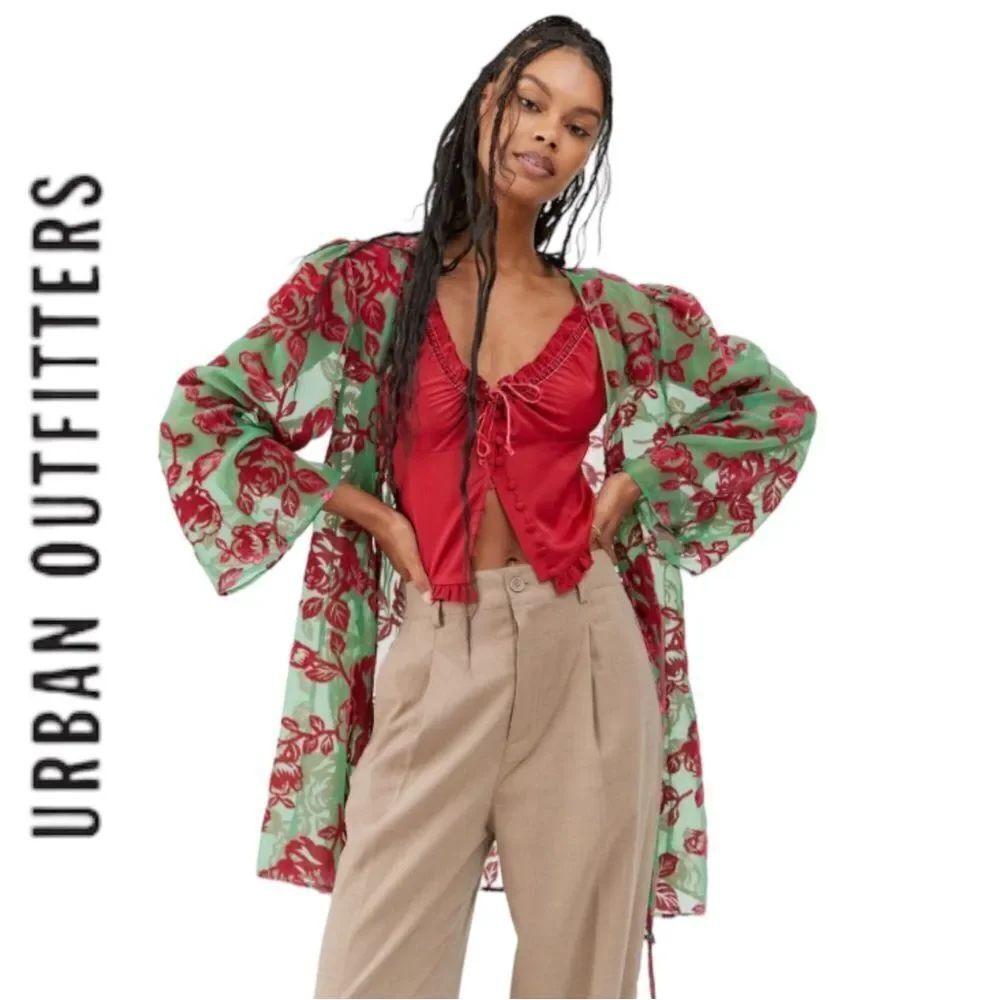 UO Urban Outfitters Fiona Kimono Burgundy Green Burnout Robe NEW